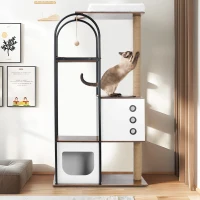 Multi-Level Cat Tree Tower and Condo with Cave, 2 Scratching Posts, Perch, Broad Activity Platform, 31.5" L x 16" W x 60" H, White+Vintage(m-6)