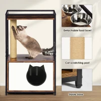 Indoor Cat Condo with Scratching Posts and Feeding Station, Multifunctional Furniture Style Cat House, 20.5" L x 16" W x 33.5" H, White+Vintage(m-5)