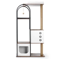 Multi-Level Cat Tree Tower and Condo with Cave, 2 Scratching Posts, Perch, Broad Activity Platform, 31.5" L x 16" W x 60" H, White+Vintage(m-2)