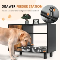 Large Pet Feeder Station with Stainless Steel Pull-Out Raised Bowls, Dog Food Storage Cabinet, 32.5" L x 14" W x 23.5" H, Black+Vintage(m-5)
