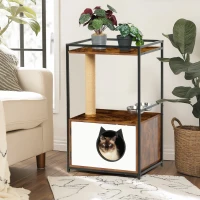Indoor Cat Condo with Scratching Posts and Feeding Station, Multifunctional Furniture Style Cat House, 20.5" L x 16" W x 33.5" H, White+Vintage(m-8)