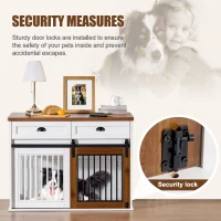 Heavy Duty Wooden Dog Crate with Storage Drawers, Furniture Style Double Door Side Cabinet, 44.5" L x 23" W x 33.5" H, White+Walnut(m-4)