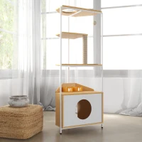 Corner Multi-Level Cat Tower and Condo with Scratching Post, Feeding Station, 25" L x 16" W x 58.5" H, White+Light Oak(m-6)