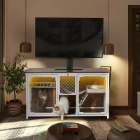 Wooden Multifunctional Cat House TV Stand with Resting, Entertainment, Dining, and Bathroom Areas, 58" L x 23" W x 32" H, White+Vintage(m-7)