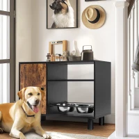 Large Pet Feeder Station with Stainless Steel Pull-Out Raised Bowls, Dog Food Storage Cabinet, 32.5" L x 14" W x 23.5" H, Black+Vintage(m-8)