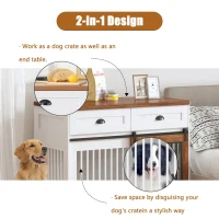 Heavy Duty Wooden Dog Crate with Storage Drawers, Furniture Style Double Door Side Cabinet, 44.5" L x 23" W x 33.5" H, White+Walnut(m-6)
