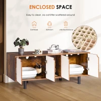 Indoor Cat House Cabinet TV Stand End Table for 2 Cats, Double Hidden Litter Box Furniture, 59" L x 19" W x 23" H, White+Vintage(m-4)