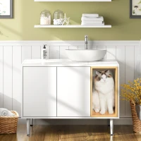 Wooden Bathroom Sink Cabinet with Cat Litter Box Enclosure and Divider, Cat House for Large Cats, 33" L x 21.5" W x 23.5" H, White+Vintage(m-1)