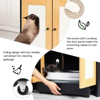 Double Litter Box Enclosure for 2 Cats with Rattan Doors and Sisal Scratch Panel, Hidden Cat Furniture, 47" L x 20" W x 23.5" H, Light Oak(m-5)