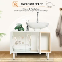 Wooden Bathroom Sink Cabinet with Cat Litter Box Enclosure and Divider, Cat House for Large Cats, 33" L x 21.5" W x 23.5" H, White+Vintage(m-4)