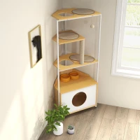 Corner Multi-Level Cat Tower and Condo with Scratching Post, Feeding Station, 25" L x 16" W x 58.5" H, White+Light Oak(m-5)