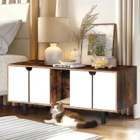 Indoor Cat House Cabinet TV Stand End Table for 2 Cats, Double Hidden Litter Box Furniture, 59" L x 19" W x 23" H, White+Vintage(m-7)