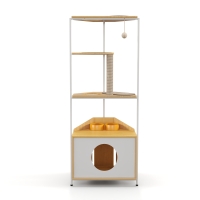 Corner Multi-Level Cat Tower and Condo with Scratching Post, Feeding Station, 25" L x 16" W x 58.5" H, White+Light Oak