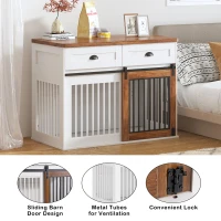 Heavy Duty Wooden Dog Crate with Storage Drawers, Furniture Style Double Door Side Cabinet, 44.5" L x 23" W x 33.5" H, White+Walnut(m-7)