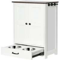 Storage Dog Feeding Station with Hidden Bowls, Adjustable Panel, Hooks, for Medium Dogs, 23.5" L x 14" W x 31.5" H, White+Deep Walnut(m-15)