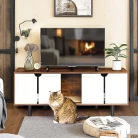 Indoor Cat House Cabinet TV Stand End Table for 2 Cats, Double Hidden Litter Box Furniture, 59" L x 19" W x 23" H, White+Vintage(m-6)