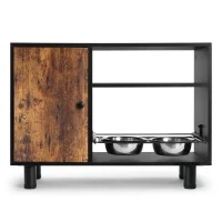 Large Pet Feeder Station with Stainless Steel Pull-Out Raised Bowls, Dog Food Storage Cabinet, 32.5" L x 14" W x 23.5" H, Black+Vintage(m-2)