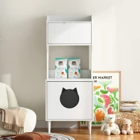 Indoor Cat House Storage Cabinet with Shelves and Doors, Hidden Cat Litter Box Furniture, 20.5" L x 21.5" W x 53" H, White+Vintage(m-1)