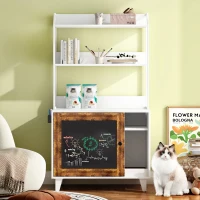 Graffiti Litter Box Enclosure with 2 Shelves and Chalkboard Door, Indoor Cat House for Most Litter Boxes, 30" L x 19" W x 55" H, White+Vintage(m-1)