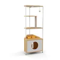 Corner Multi-Level Cat Tower and Condo with Scratching Post, Feeding Station, 25" L x 16" W x 58.5" H, White+Light Oak(m-10)