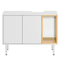Wooden Bathroom Sink Cabinet with Cat Litter Box Enclosure and Divider, Cat House for Large Cats, 33" L x 21.5" W x 23.5" H, White+Vintage(m-2)