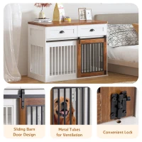 Heavy Duty Wooden Dog Crate with Storage Drawers, Furniture Style Double Door Side Cabinet, 44.5" L x 23" W x 33.5" H, White+Walnut(m-8)