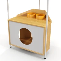 Corner Multi-Level Cat Tower and Condo with Scratching Post, Feeding Station, 25" L x 16" W x 58.5" H, White+Light Oak(m-9)