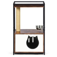 Indoor Cat Condo with Scratching Posts and Feeding Station, Multifunctional Furniture Style Cat House, 20.5" L x 16" W x 33.5" H, White+Vintage(m-2)