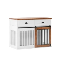 Heavy Duty Wooden Dog Crate with Storage Drawers, Furniture Style Double Door Side Cabinet, 44.5" L x 23" W x 33.5" H, White+Walnut(m-2)