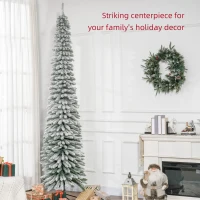 HOMCOM 9ft Snow-Flocked Artificial Christmas Tree, Slim Pencil Xmas Tree with 714 Realistic Branches, Metal Base, Green(m-4)