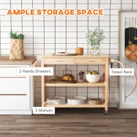 HOMCOM 42" Kitchen Trolley Cart Rolling Island Utility Serving Cart with 2 Drawers and 3-Tier Shelf Pine Wood(m-4)