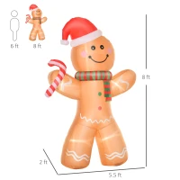 HOMCOM 8ft Christmas Inflatable Gingerbread Man with a Candy Cane, Outdoor Blow-Up Yard Decoration with LED Lights Display(m-3)