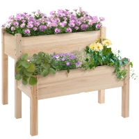 Outsunny Raised Garden Bed, 2-Tier Wood Planter Stand Plant Grow Box, 34"x34"x28"