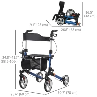 HOMCOM Lightweight Folding Rolling Walker with Large Seat, Back, Adjustable Handle, Bag, Dual Brake, Cane Holder, Blue(m-3)