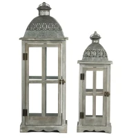 Set of 2 Decorative Hurricane Lantern Holder with Wood and Glass Construction, Candle Lantern Set for Home Garden Wedding Decor, Gray(m-2)