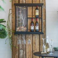 Floating Wine Bar Shelf with Glass Holder and Display Shelves, Iron Construction, Two-Tiered Storage, 26" L x 5" W x 28.5" H, Black(m-4)