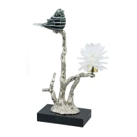 Aluminum Candle Holder with Marble Stand, Nature-Inspired Bird Figurine on Silver Branch, 8" L x 5" W x 15" H, Multicolor(m-11)