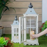 Set of 2 Decorative Hurricane Lantern Holder with Wood and Glass Construction, Candle Lantern Set for Home Garden Wedding Decor, Ivory(m-4)