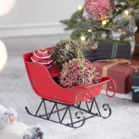 Iron Santa Sleigh Tabletop Decoration, Distressed Christmas Holiday Decor, 14.5" L x 10" W x 11" H, Red+Black(m-1)