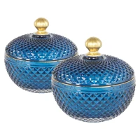 Set of 2 Vintage-Inspired Glass Candy Jars with Lids, Diamond-Cut Texture, Ideal for Candy, Jewelry, and Trinkets, 5" L x 5" W x 5" H, Blue+Gold(m-2)