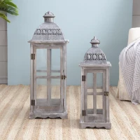 Set of 2 Decorative Hurricane Lantern Holder with Wood and Glass Construction, Candle Lantern Set for Home Garden Wedding Decor, Gray(m-1)