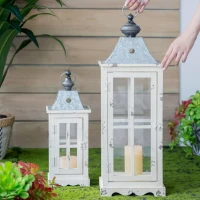 Set of 2 Decorative Hurricane Lantern Holder with Wood and Glass Construction, Candle Lantern Set for Home Garden Wedding Decor, Ivory(m-1)