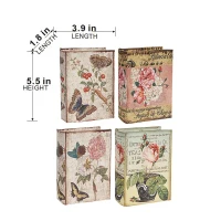 Set of 4 Elegant Design Decorative Book Boxes with Flowers, Butterflies, 4" L x 2" W x 5.5" H, Multicolor(m-3)