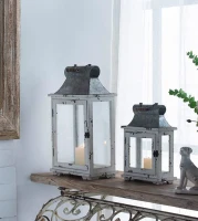 Set of 2 Decorative Hurricane Lantern Holder with Wood and Glass Construction, Candle Lantern Set for Home Garden Wedding Decor, White(m-6)