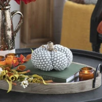 Set of 4 Farmhouse-Inspired Knitted Pumpkin Ornaments, Fall and Thanksgiving Decor, 6" L x 6" W x 5" H, Gray(m-1)