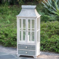 Set of 2 Decorative Hurricane Lantern Candle Holders, One with Lower Drawers, Wood and Glass Construction, for Home Garden Wedding Decor, Ivory(m-10)