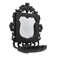 Victorian-Inspired Cast Iron Soap Dish with Mirror, Ornate Design, Calloped Edges, 6.5" L x 4" W x 8" H, Black(m-2)