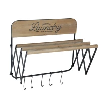 Vintage Farmhouse Charm Wall-Mounted Laundry Rack with Accordion Design, 3 Wooden Bars, 5 Hooks, for Towels and Delicates, Black Brown(m-2)