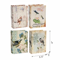 Set of 4 Decorative Book Boxes with Birds, Flowers, and Handwriting Design, 4" L x 2" W x 5.5" H, Multicolor(m-3)