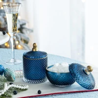 Set of 2 Vintage-Inspired Design Glass Candy Jars with Lids, Ideal for Candy, Jewelry, and Trinkets, 3.5" L x 3.5" W x 6" H Each, Blue+Gold(m-4)